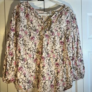 Cut Loose Linen Floral Top Blouse 3/4 Sleeve Split Hem NWT Size Large
